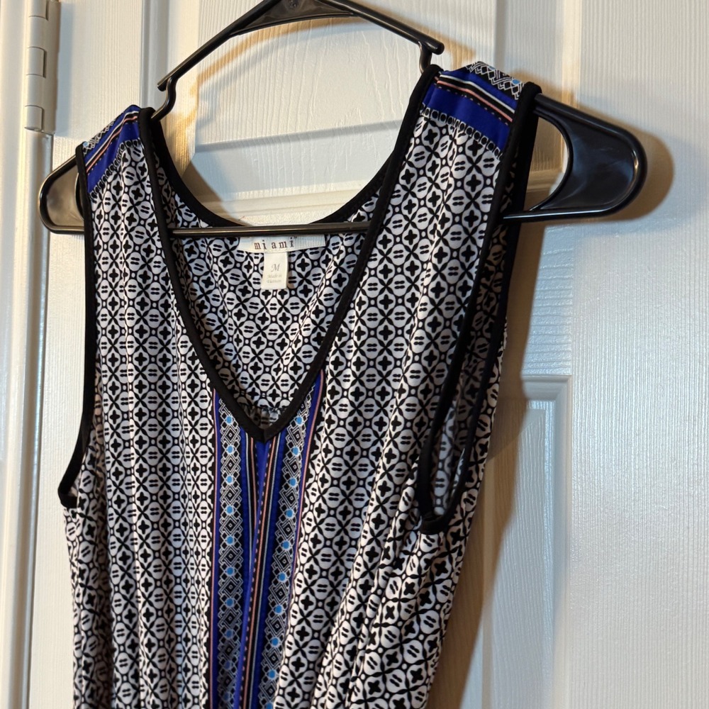 Miami Belted Sleeveless Patterned Blue & Orange Floral V-Neck Dress Womens SzM - Picture 3 of 6